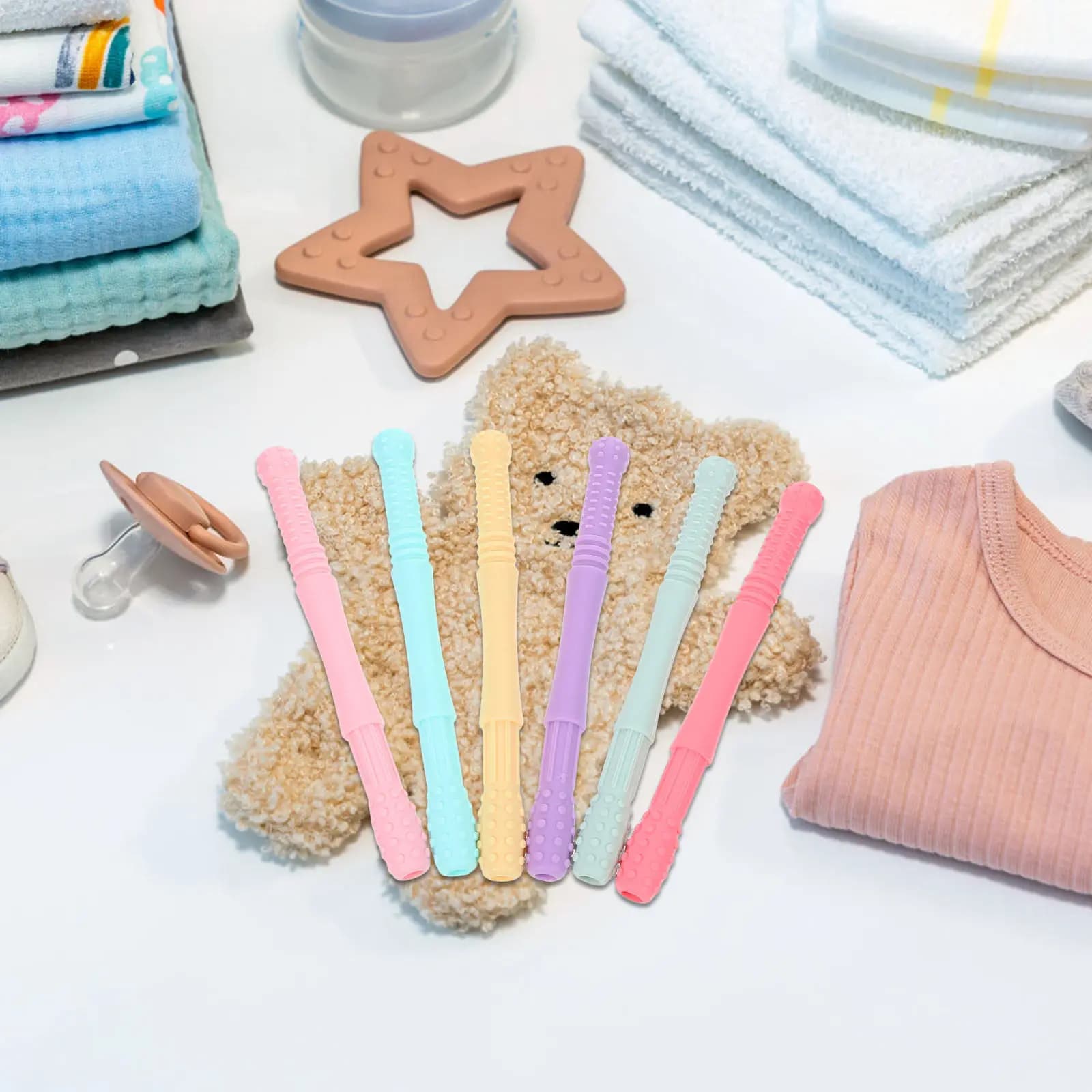 6 Pezzi Massaggiagengive in Silicone Anti-Morso, Tubo Sensoriale per la Dentizione del Bambino, Bastoncino da Masticare Lenitivo per Neonati, Massaggiagengive Molari, Cannuccia Masticabile