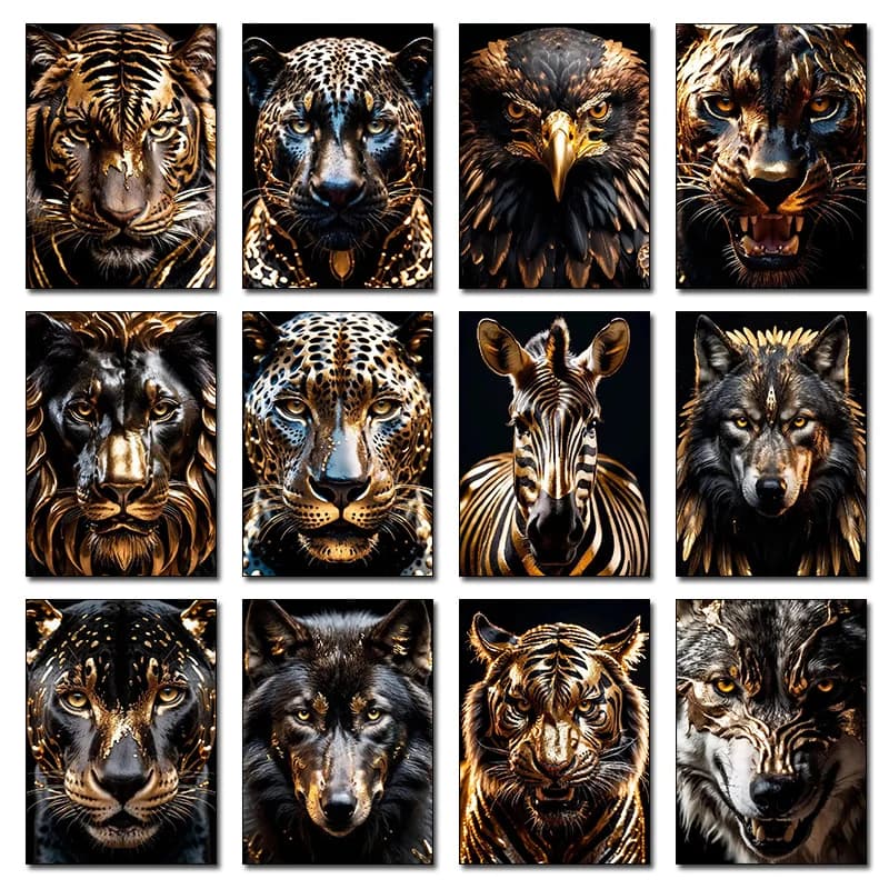Luxury Black and Golden Animals Zebra Lion Tiger Eagle Wolf Wall Art Posters and Prints Canvas Paintings Picture Room Home Decor