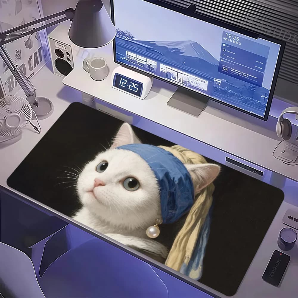 Tappetino per Mouse con Gatto Carino 'La Ragazza con l'Orecchino di Perla', Antiscivolo, Spesso, Grande, con Bordo Cucito, per Ufficio, Studenti e Gaming