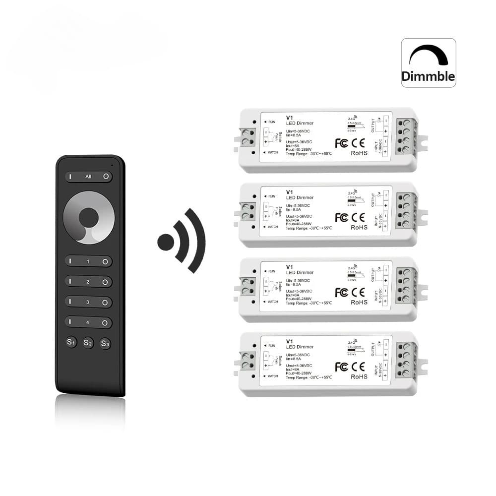 V1 LED Dimmer 12V 24V 36V RS1 4 Zone Single Color LED Strip Dimming Kit Wireless Wifi 2.4G RF Remote Control Push Switch Dimer