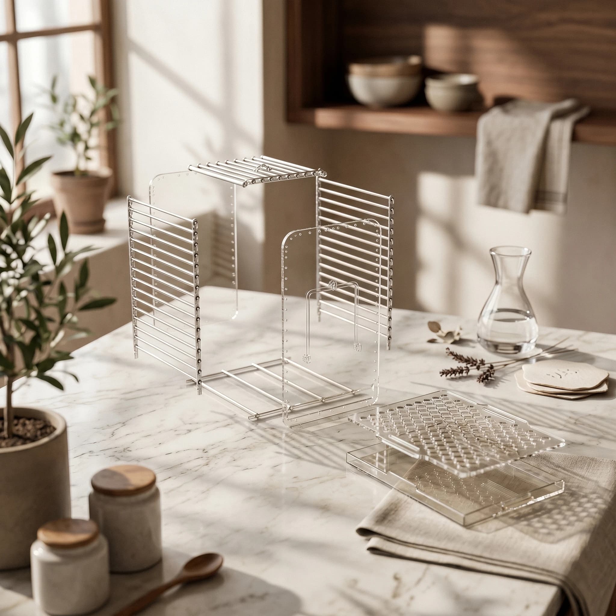Modern Acrylic Bird Carrier with Wooden Handle and Clear Panels Pet Housing Travel Cage with Perch and Debris Tray for Birds