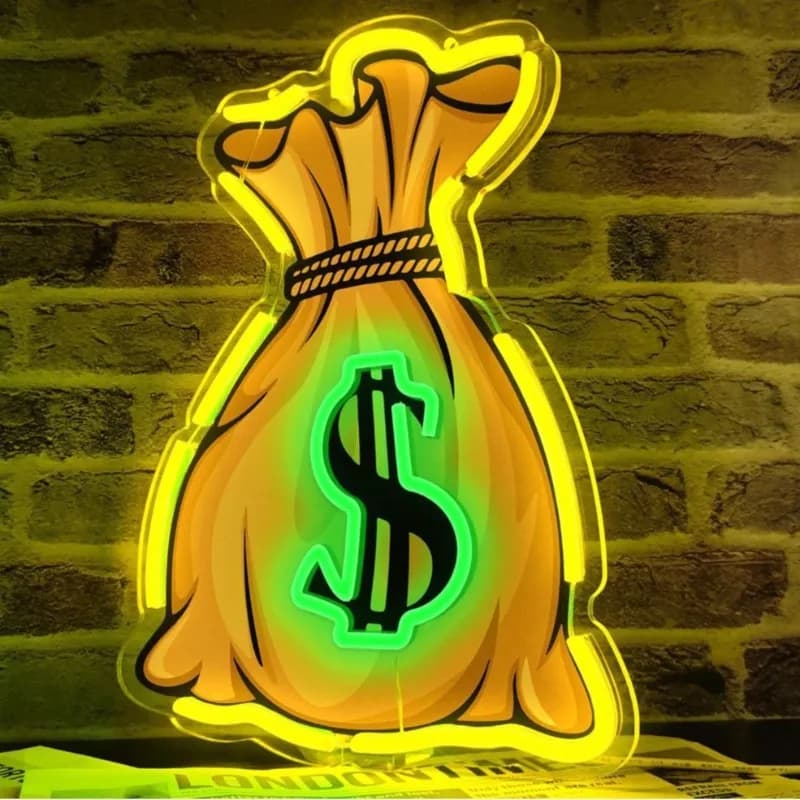 Insegne al neon per sacchetti di soldi per decorazioni da parete Luci al neon a led personalizzate Stampa UV personalizzata Insegna al neon Decorazione da parete alimentata tramite USB