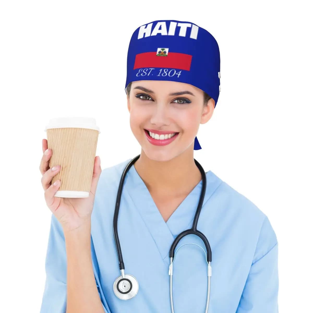Haiti EST. 1804 Independence Haitian Flag Scrub Hat Doctor Working Surgical Cap Men Women Adjustable Nursing Caps for Dentist