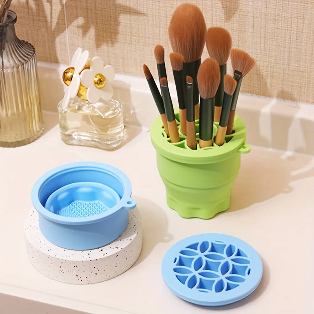 2-in-1 silicone folding portable makeup brush cleaning and washing bowl makeup brush cleaning cup with drying rack beauty cleaning tool