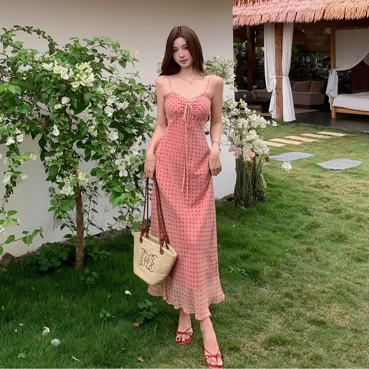 Summer Polka Dot Halter Dress Women's Waist Cinching Bodycon Skirt Pure Desire Vacation Style Long Dress City Walk V Neck a Line