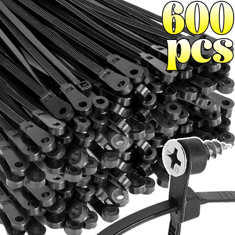 100/600PCS Fascette per cavi in nylon con foro di montaggio a vite Anello autobloccante Avvolgimenti Fascio di cavi fissi Fascetta con cerniera Cinghie di fissaggio per cavi