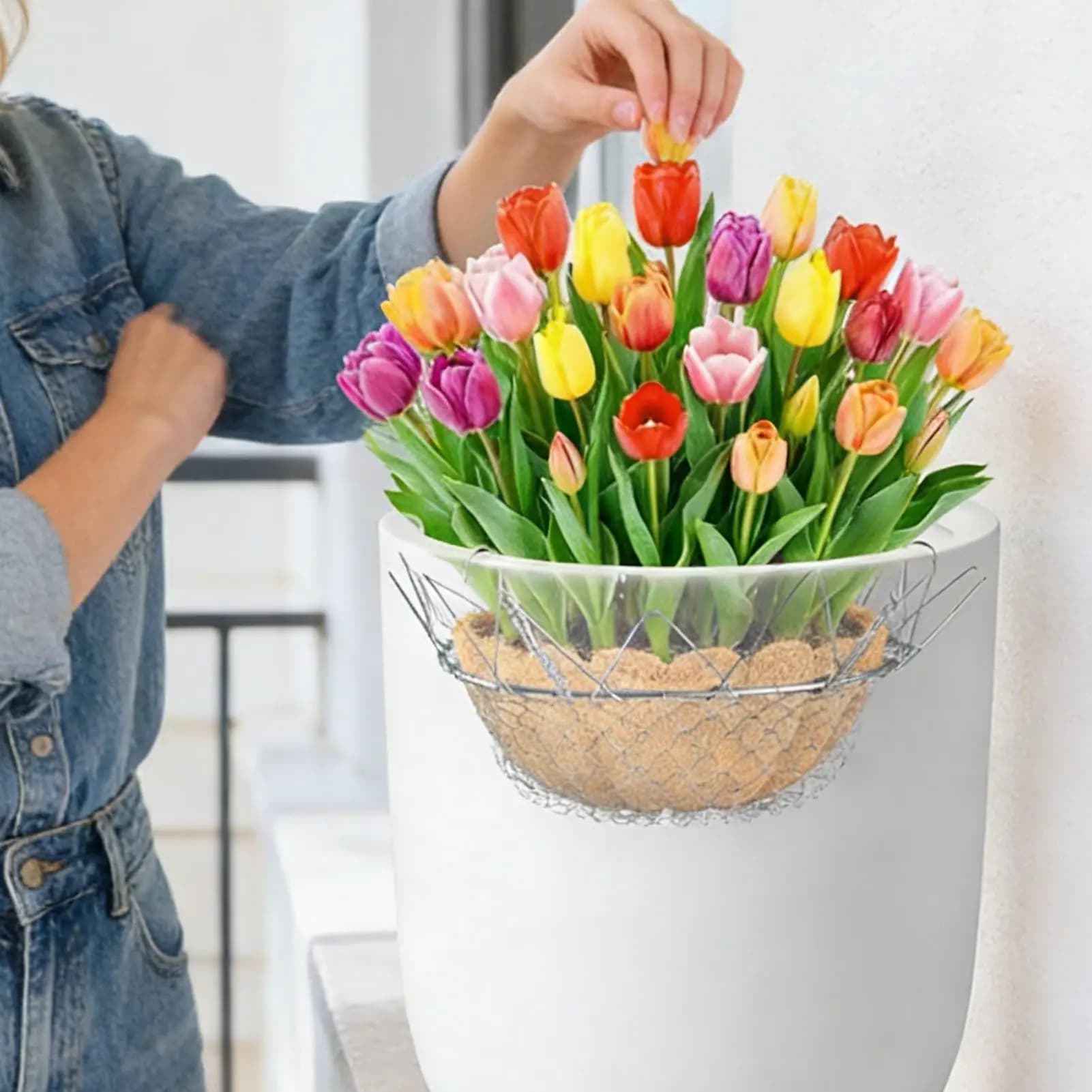 Adjustable insert for vessels of any height, supports for indoor plants, adapts to the upper opening of the vase.
