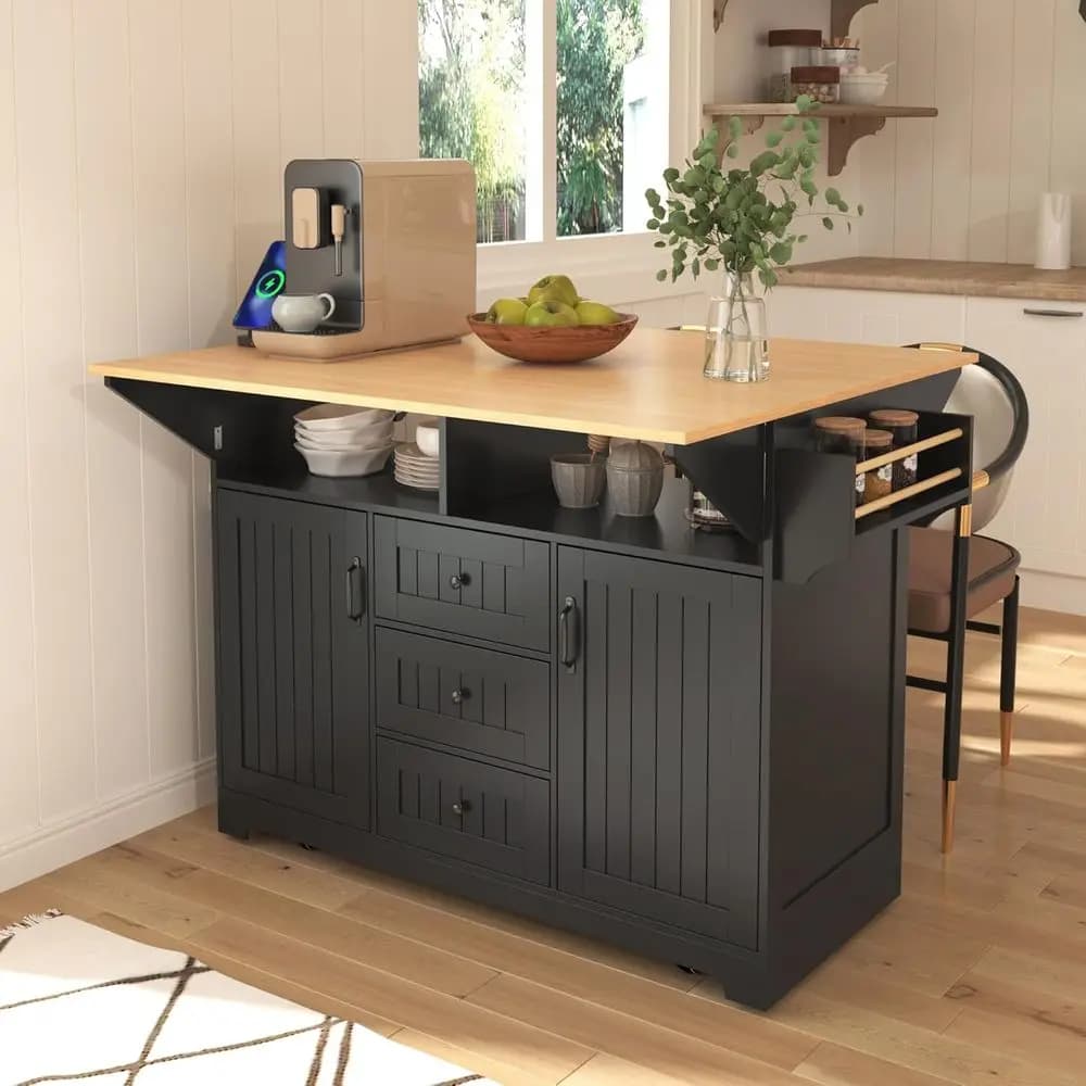Isola da Cucina 55.7 con Ali Pieghevoli, Carrello Mobile, Presa di Corrente, Spazio di Archiviazione, Portaspezie e Portasciugamani - Ideale per Sala da Pranzo e Cucina