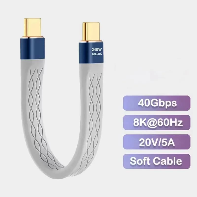 Cavo di ricarica rapida USB C a USB C da 240W, cavo dati piatto da 40 Gbps per trasferimento dati 8K, prolunga per ricarica e dati