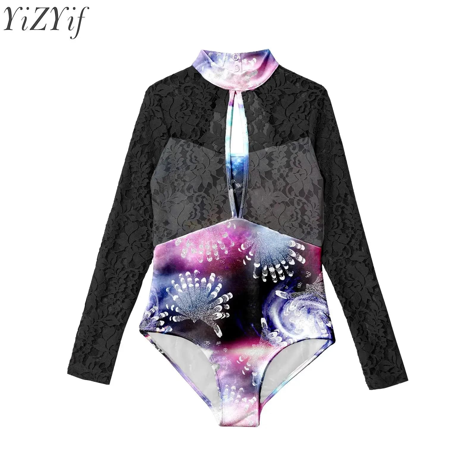 Kids Girls Printed Ballet Dance Leotard Long Sleeves Cutout Floral Lace Bodysuit for Ice Skating Dance Competition Performance