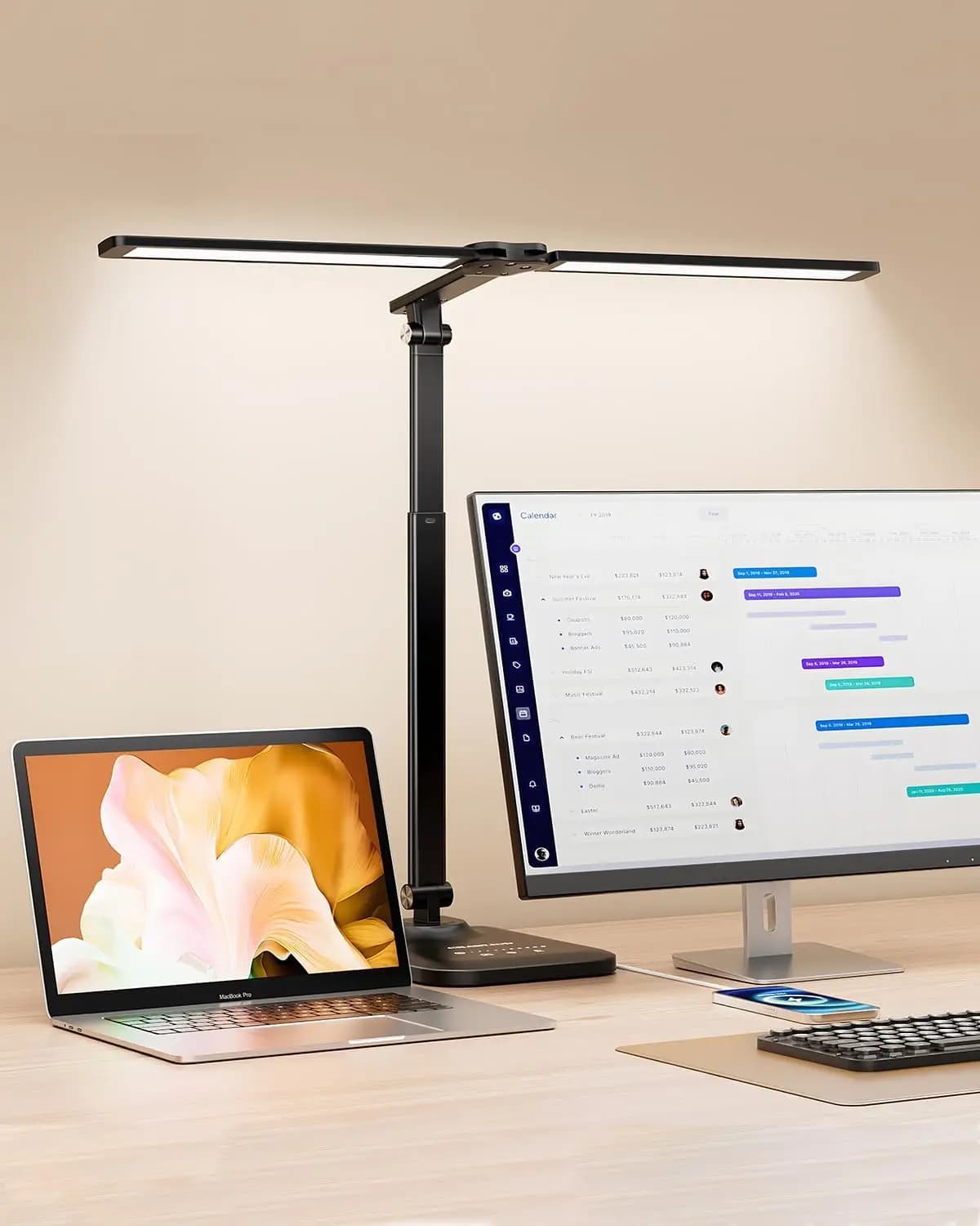 Adjustable LED Desk Lamp with USB Charging, Continuous Dimming for Office Home Reading Studio