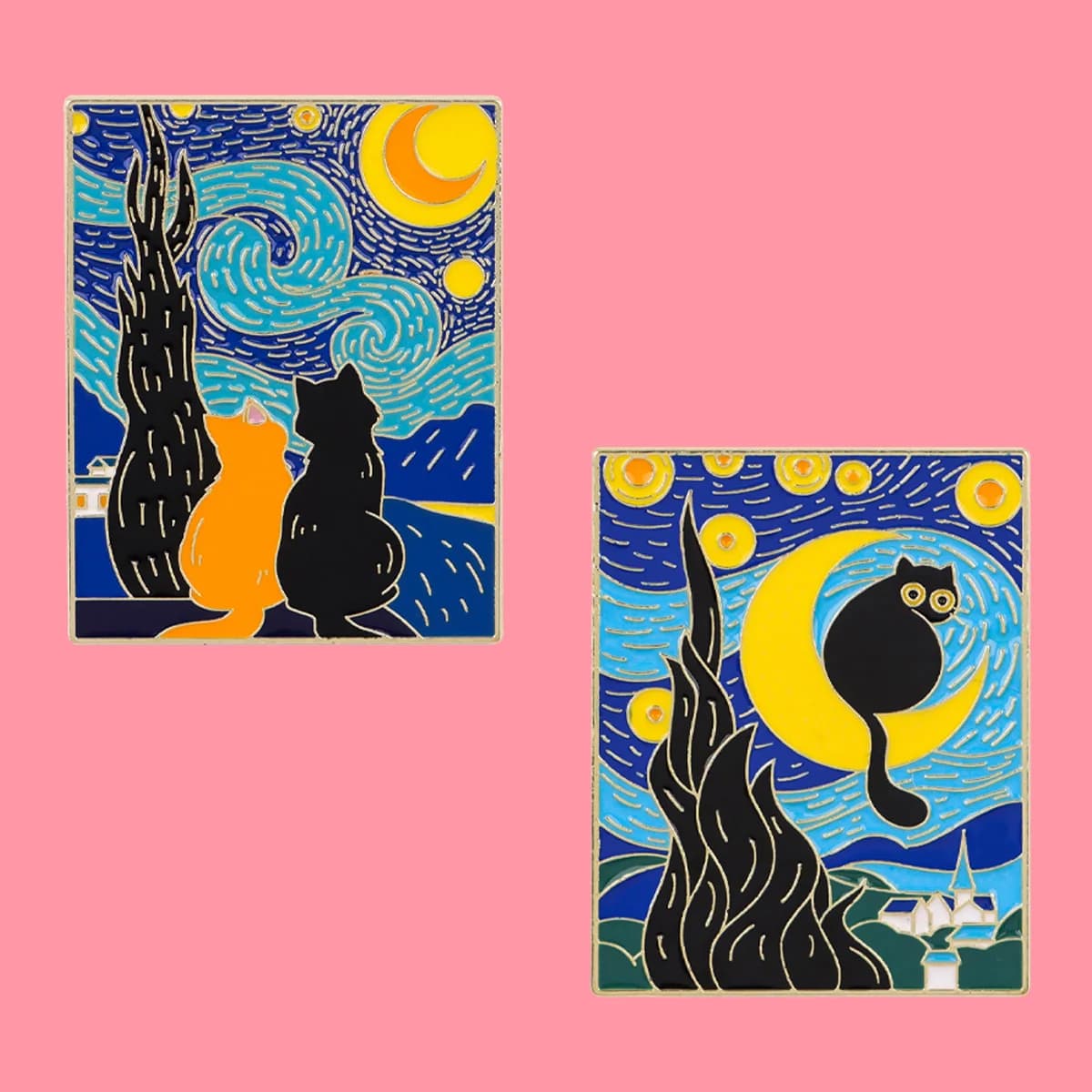 Spilla Smaltata 'Notte Stellata' di Van Gogh, Spilla con Gatti Neri, Distintivo per Zaino, Accessori per Abbigliamento, Gioielli, Regali per Amici