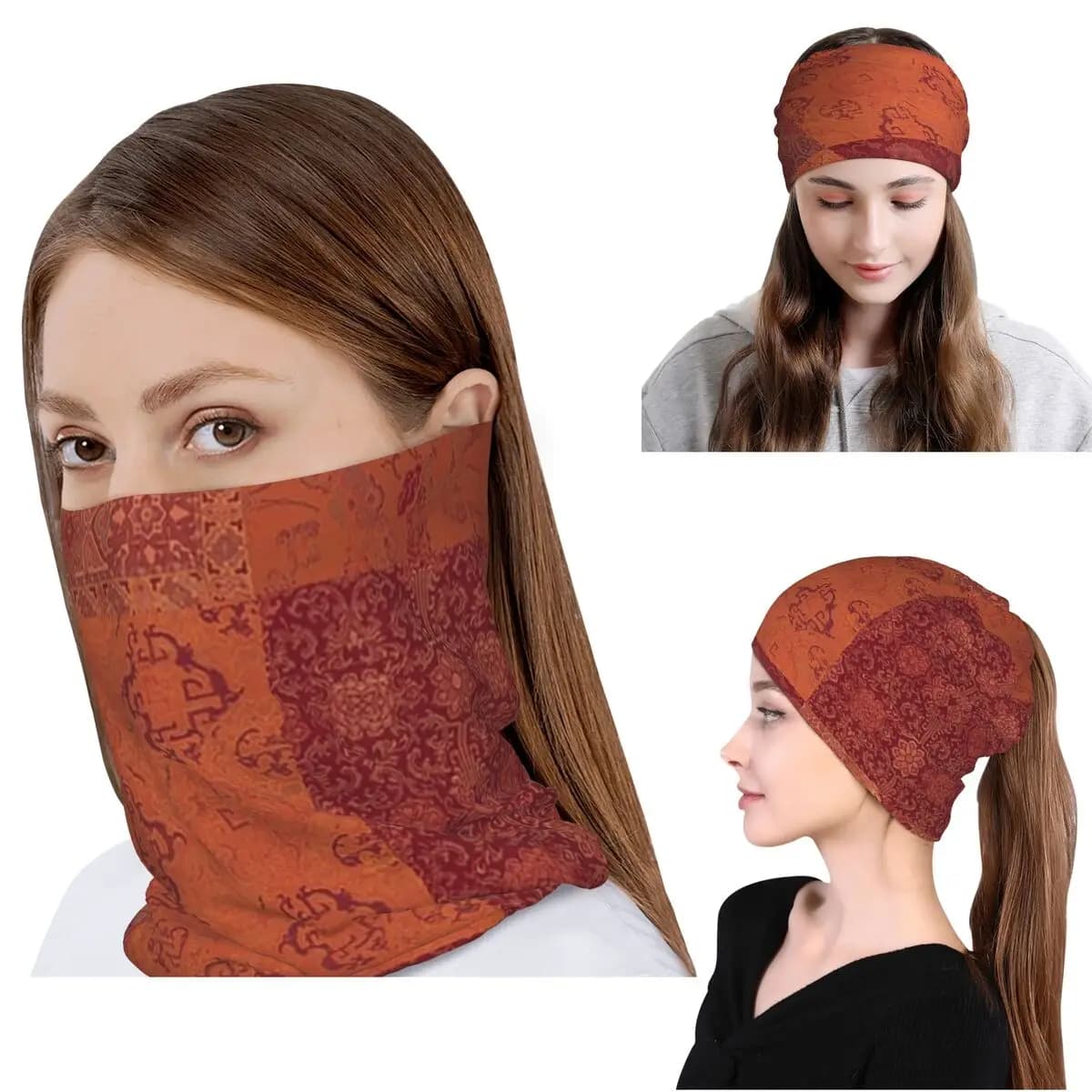 Vintage Bohemian Quilt In Burnt Orange Bandana Neck Cover Magic Scarf Multi-use Balaclava Beanies Hat Unisex Adult Windproof