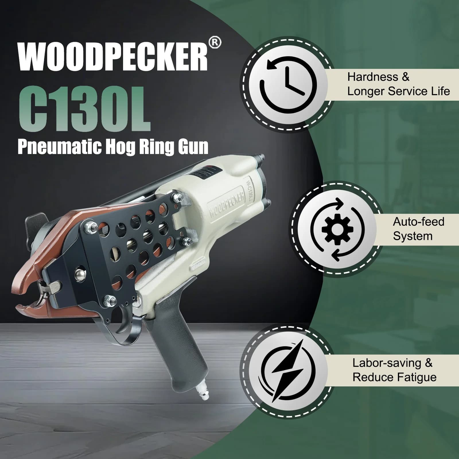 Woodpecker C130L Pinza ad anello a C pneumatica da 11 gauge con corona da 1/2 pollice per gabbie in filo metallico, gabbioni, recinzioni, divani, materassi a molle, sedili auto