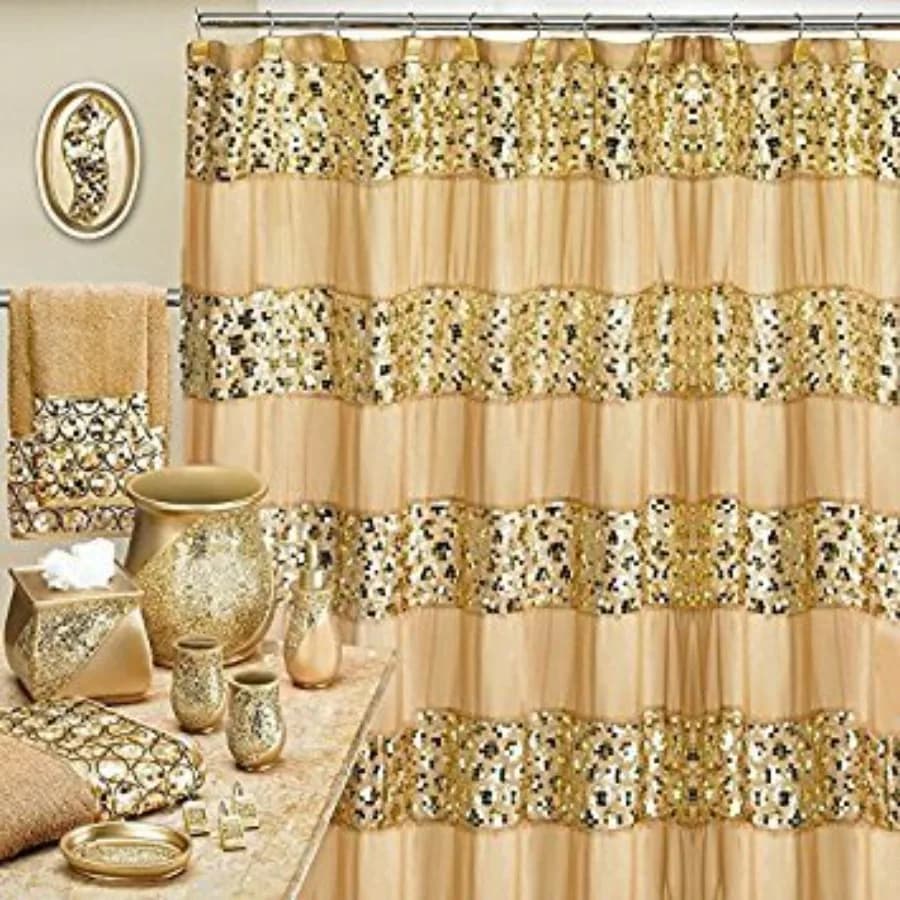Set di 8 Pezzi per Bagno con Tenda Doccia e Cestino in Resina, Colore Champagne e Oro, Design Moderno ed Elegante