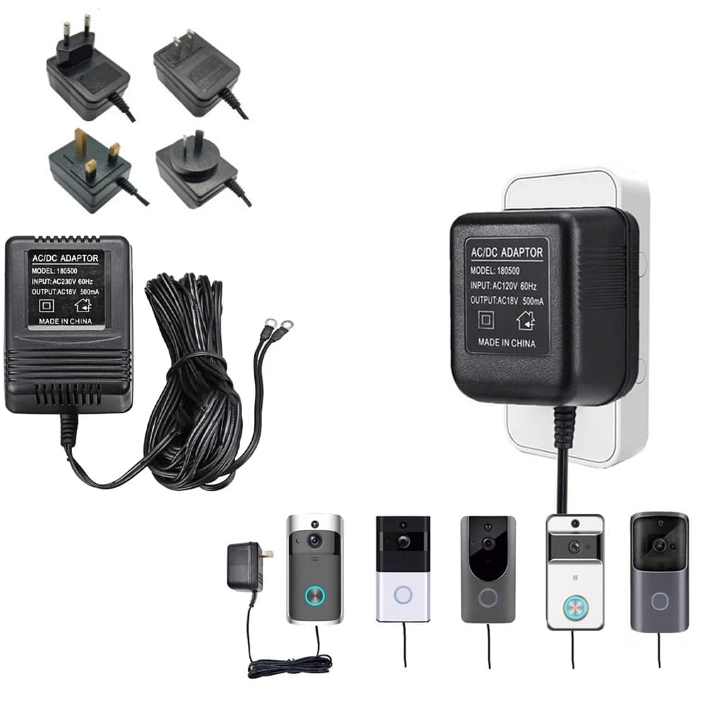 Caricabatterie adattatore di ricarica per alimentatore 18V 500mA per trasformatore campanello ad anello Video 5M/8M/10M AC100-240V spina UK/EU/AU/US