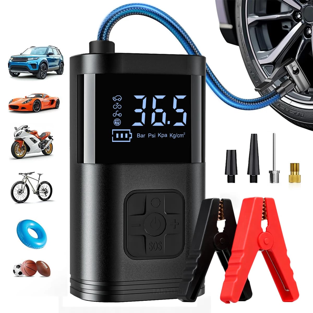 Avviatore di emergenza per auto con gonfiatore per pneumatici, power bank di avviamento di emergenza 1200A con compressore d'aria, dispositivo di avviamento per auto 12V per benzina 4.0L