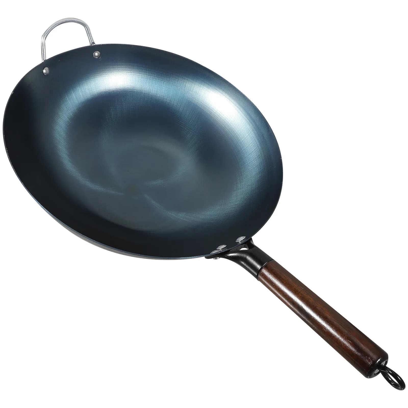 Carbon Steel Wok Resistant with Wood Handle, 14 Inch Round Panel for Chinese Kitchen, Ideal for Gas Stoves