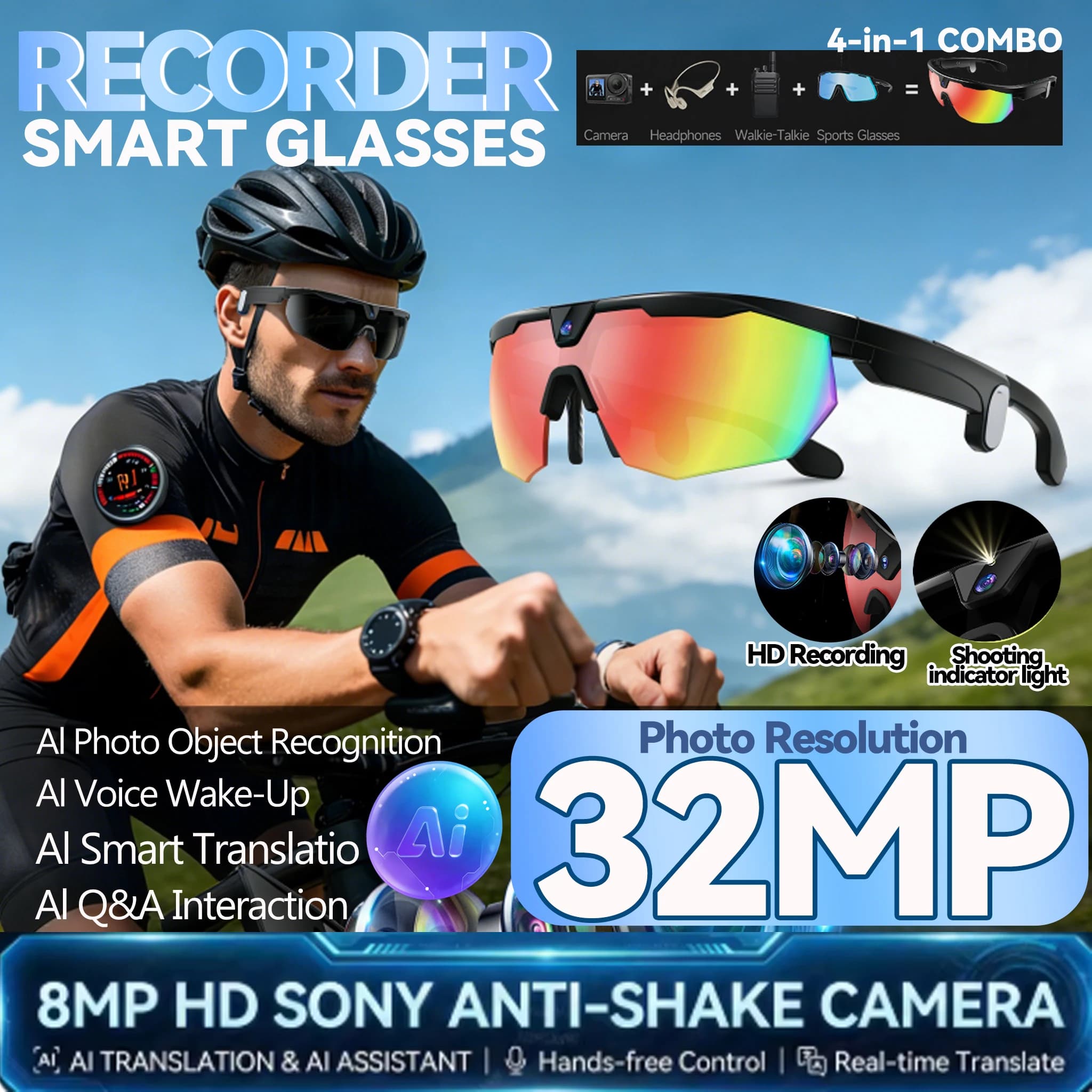 Occhiali da Sole Sportivi AI 2026 con Fotocamera HD 800W Anti-vibrazione, Cattura Azione, Audio Surround 3D, Chiamate AI e Funzione Chat per Uomo