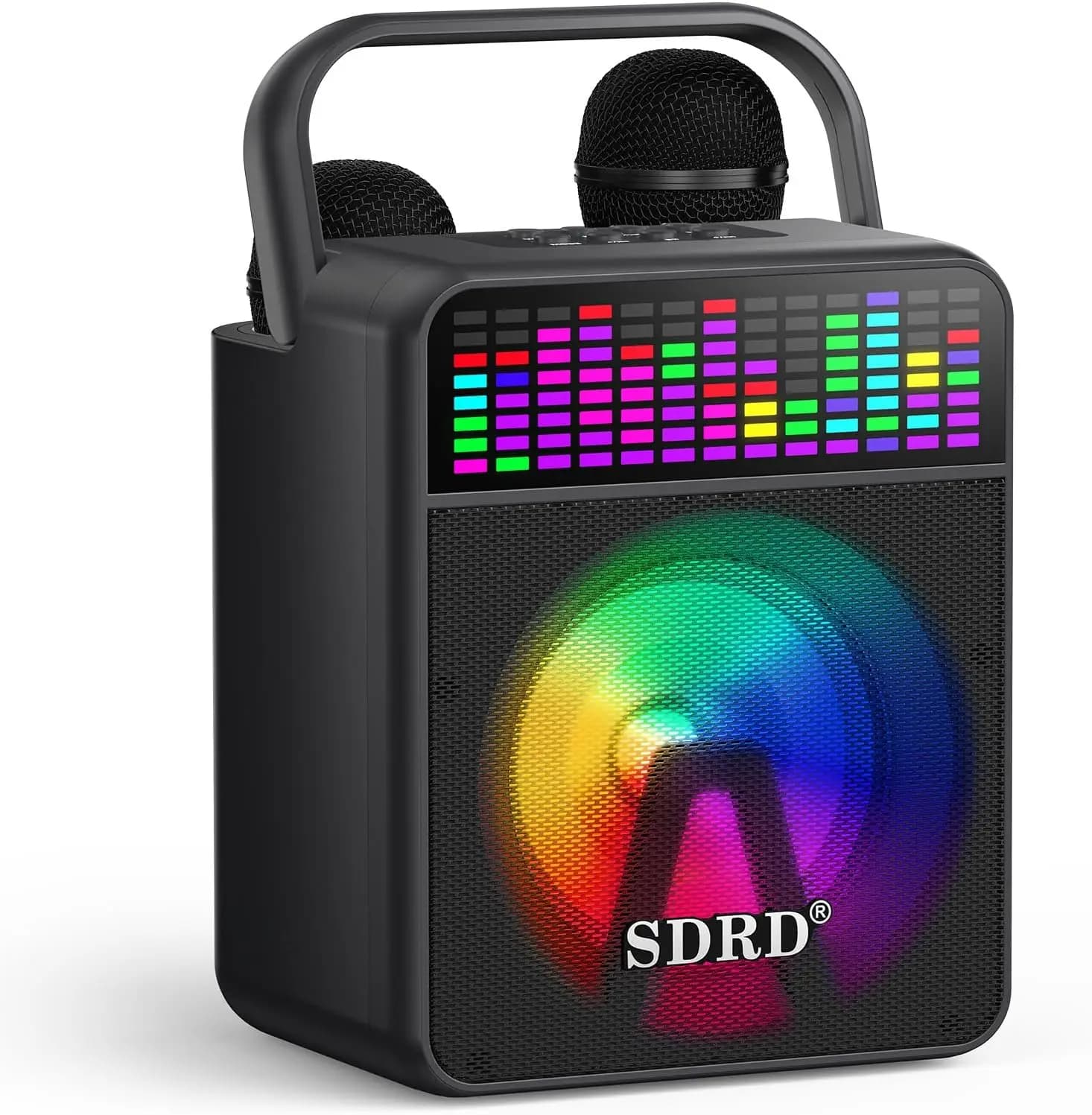 Macchina per Karaoke Portatile con 2 Microfoni Wireless, Bluetooth, Batteria Ricaricabile, Luci LED per Feste e Raduni