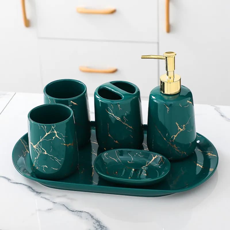 Imitation Marble Ceramic Wash Kit Soap Dispenser and Mouthwash Cup Set Five-piece Home Bathroom Accessories Wedding Gifts