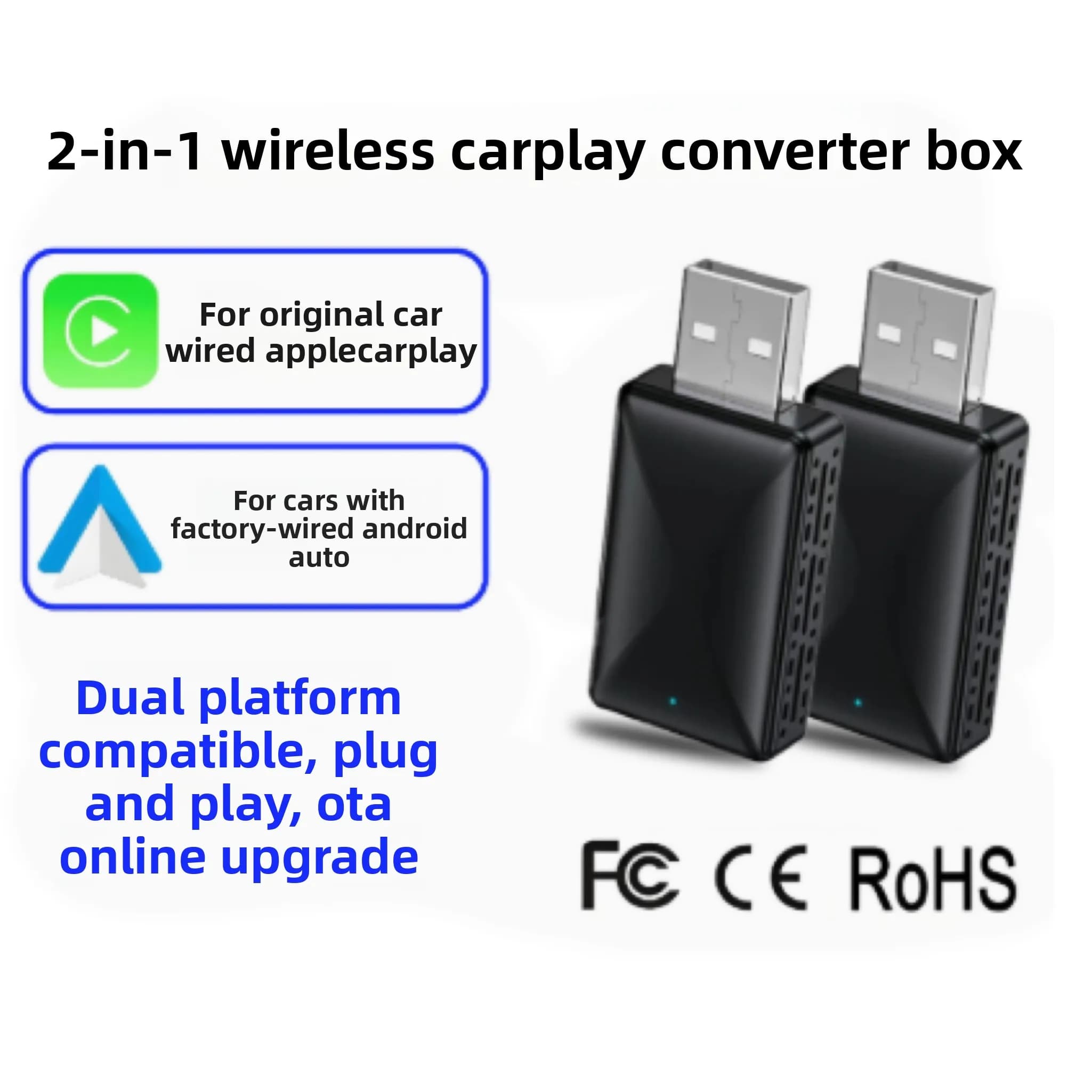 Adapter Carplay Wireless Portable Android Car 2in1 Smart Box Plug & Play Intelligent Systems for VW Toyota Ford Benz and others