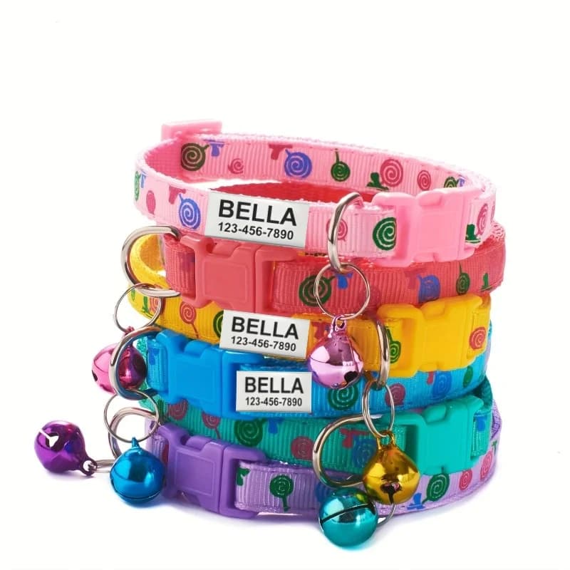 Collare per gatti inciso anti-smarrimento con stampa lecca-lecca a campana Personalizza l'etichetta identificativa del nome Accessorio personalizzato per prodotti per animali domestici