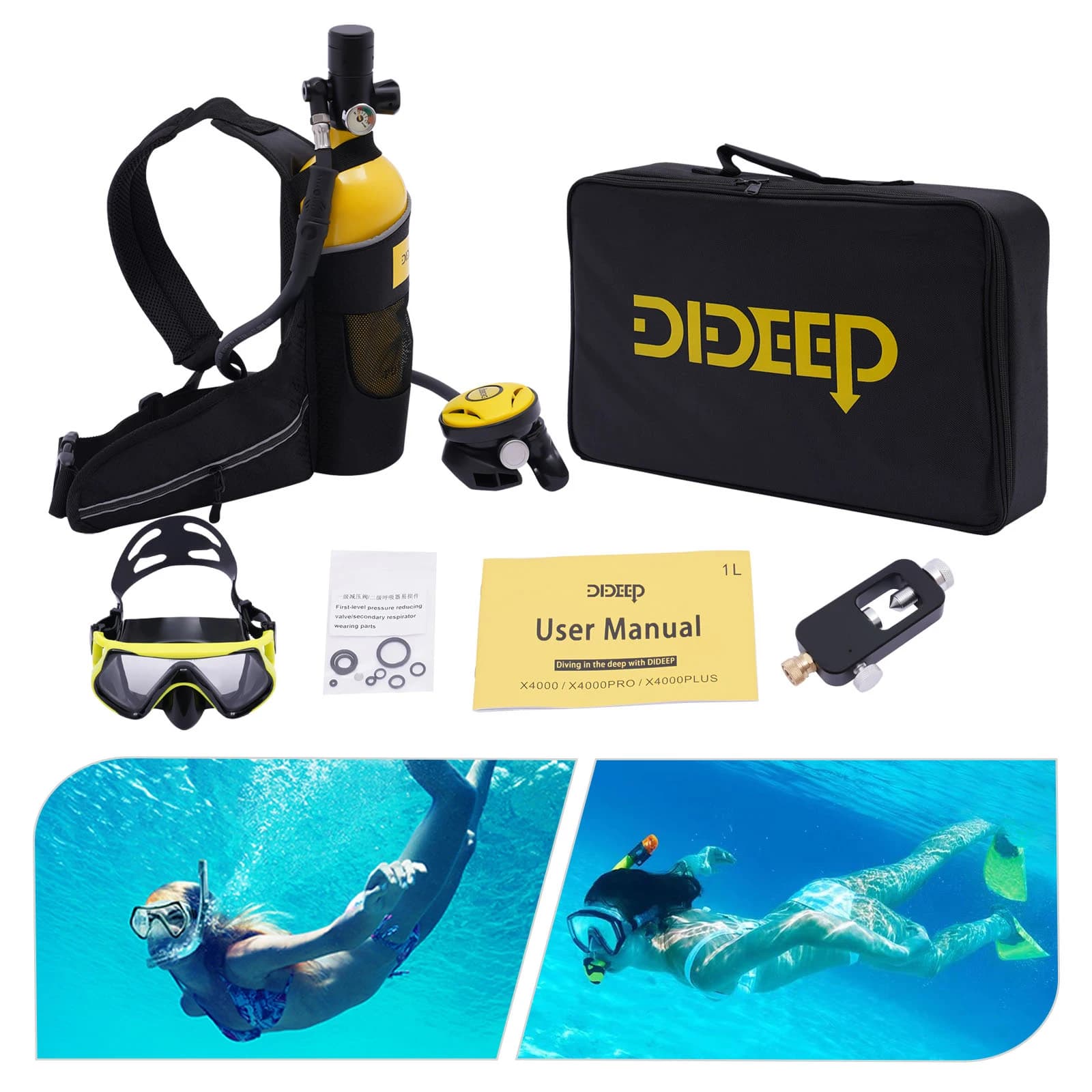 Refillable Oxygen Cylinder Mini Scuba Tank 1L Kit with Diving Mask Strap Adapter Handbag 6061 Aluminum Alloy Durable Corrosion Resistant Pressure Regulator Anti-Explosion Silicone Mouthpiece 360° Rotatable Connector for Snorkeling Swimming