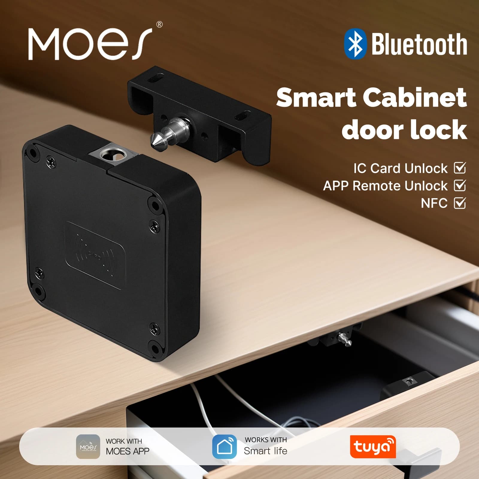 MOES Bluetooth Tuya Smart Armadietto in legno App Blocco telecomando Monitoraggio Scheda IC senza chiave Sblocco Porta Armadietto Cassetto per mobili