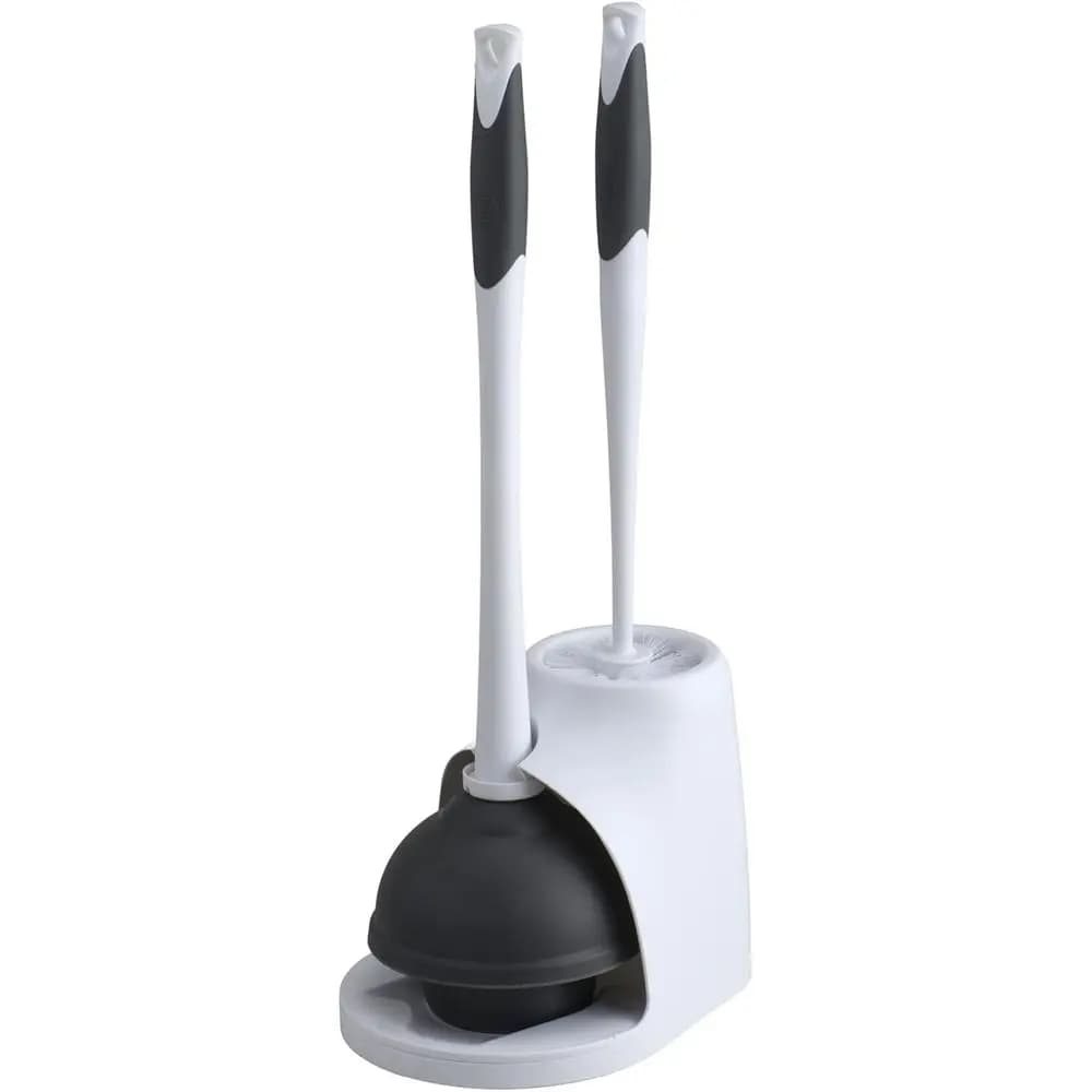 Set di sturalavandini e spazzole per WC bianco/grigio con supporto per riporre oggetti, 6,75 x 7 x 19,5