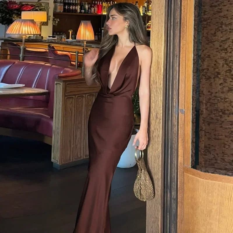 Abito lungo elegante da donna con scollo a V profondo, in raso, con spalline sottili, senza schienale, allacciatura e senza maniche, perfetto per feste ed eventi serali