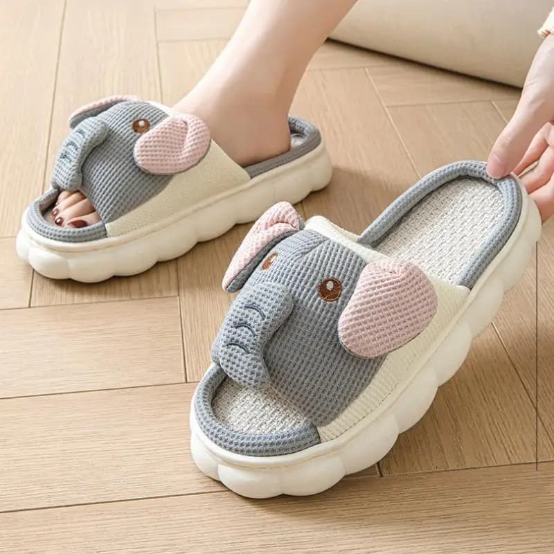 Women's Elephant Hemp slippers, from home, with cartoon design, flat, spring summer, casual, with soft non-slip sole for interior