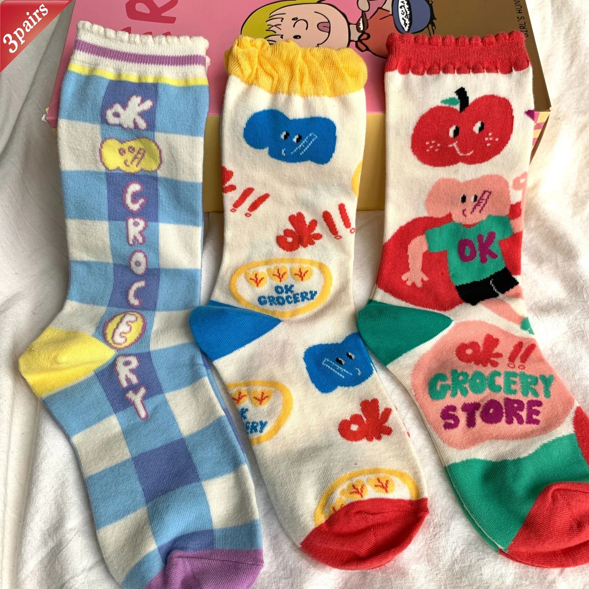 Pack of 3 pairs of women's socks model cartoon Mid Japanese tube socks Kawaii Soft cotton socks and breathable JK preppy style for girl