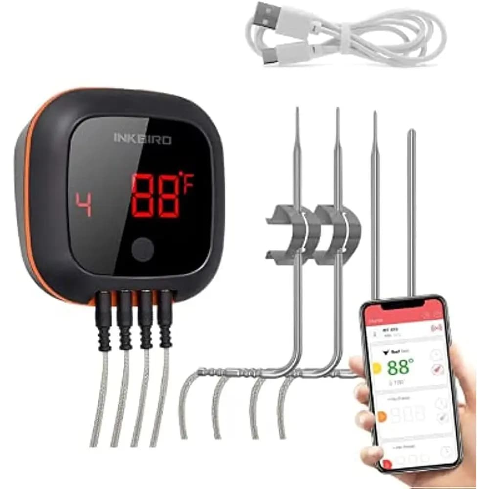 Termometro Digitale Wireless a 4 Sonde con Timer e Allarme per Barbecue, Griglia, Forno e Affumicatore