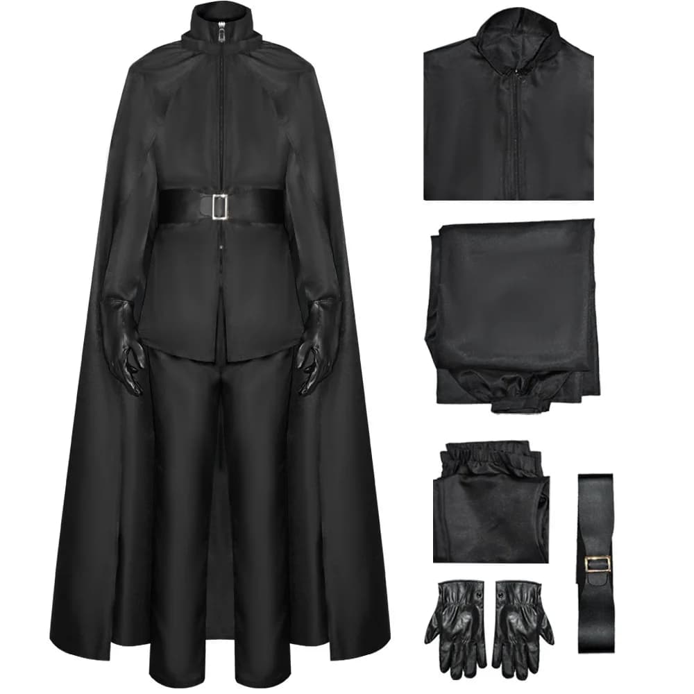 Costume da Killer del Film, Set Completo per Cosplay di Halloween, Top a Maniche Lunghe Nero, Pantaloni, Mantello, Guanti in Pelle PU, Cintura, Set 5 Pezzi
