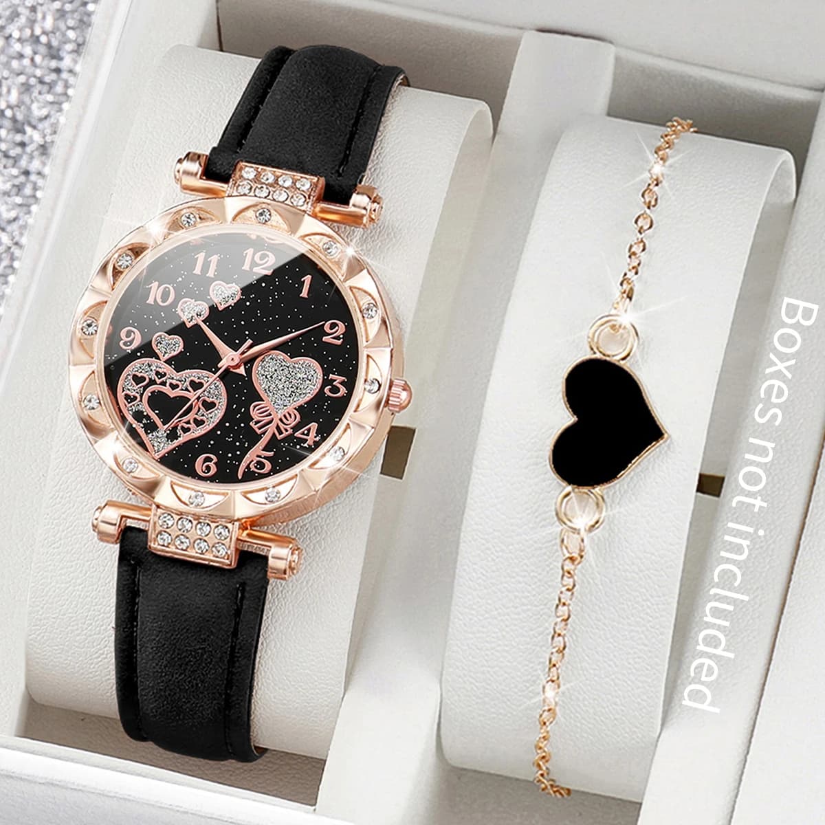 Set di braccialetti per orologi analogici al quarzo con cinturino in pelle con strass da donna 2 pezzi/set (senza scatola)