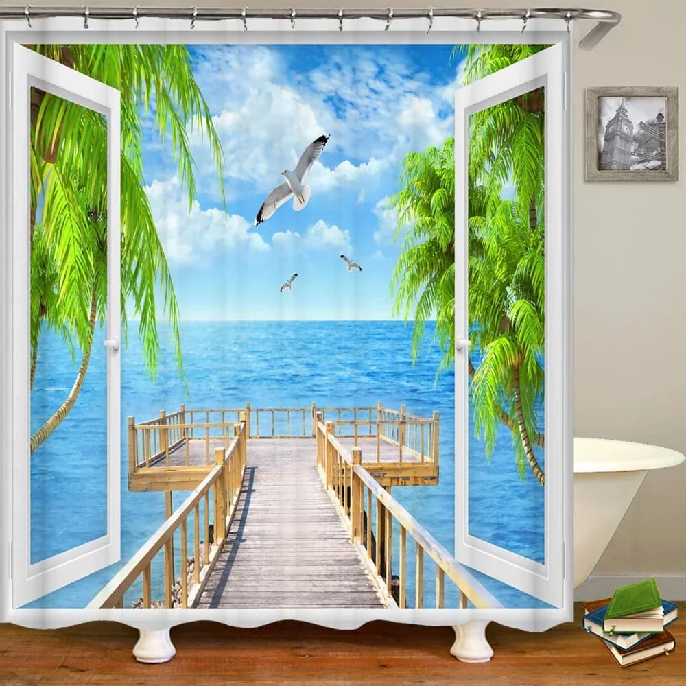 Tenda da doccia con stampa di paesaggi da spiaggia con apertura per finestre 3D, tenda in tessuto lavabile, decorazione per il bagno con tenda a gancio