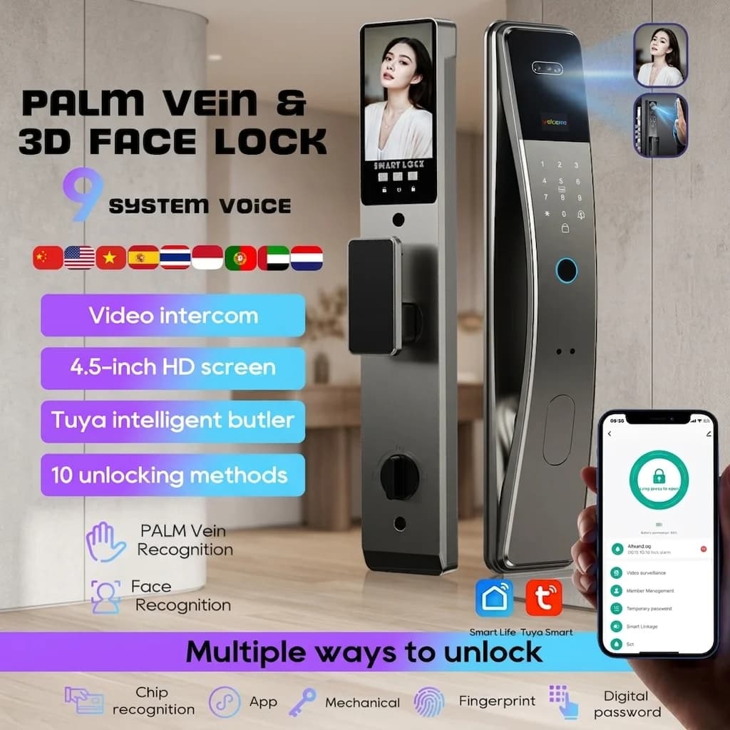 Serratura 3D con riconoscimento del palmo della mano, compatibile con videocitofono Tuya, impronta digitale biometrica, serratura a mortasa 6068, 9 lingue, WiFi, controllo remoto, serratura intelligente.
