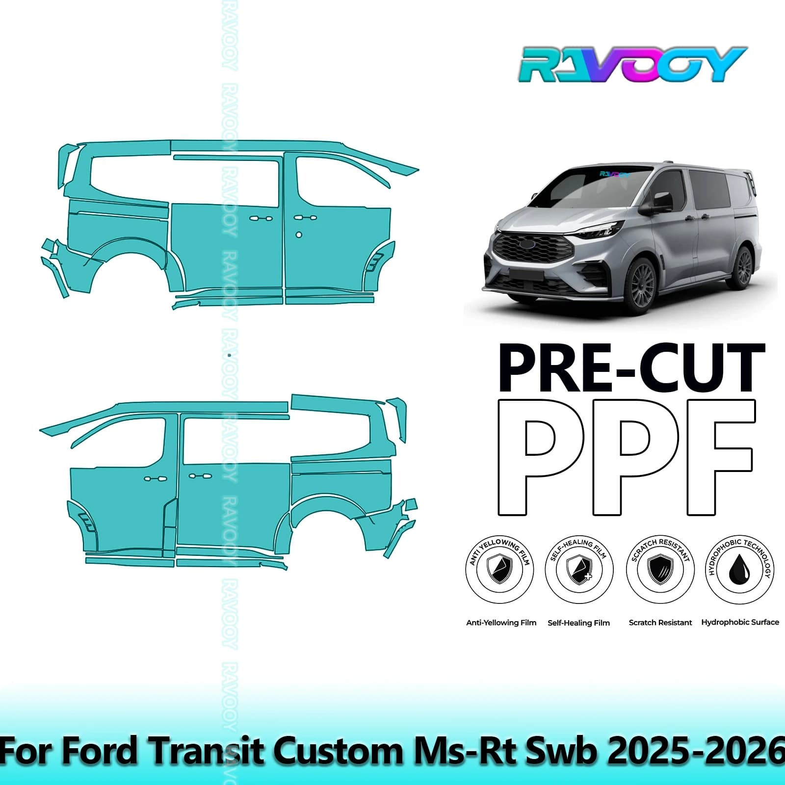 Per Ford Transit Custom Ms-Rt Swb 2025-2026 8.5mil Trasparente Opaco Pre-Cut PPF Porta e Pilastro A/B Kit TPU Set di Pellicole di Protezione Vernice