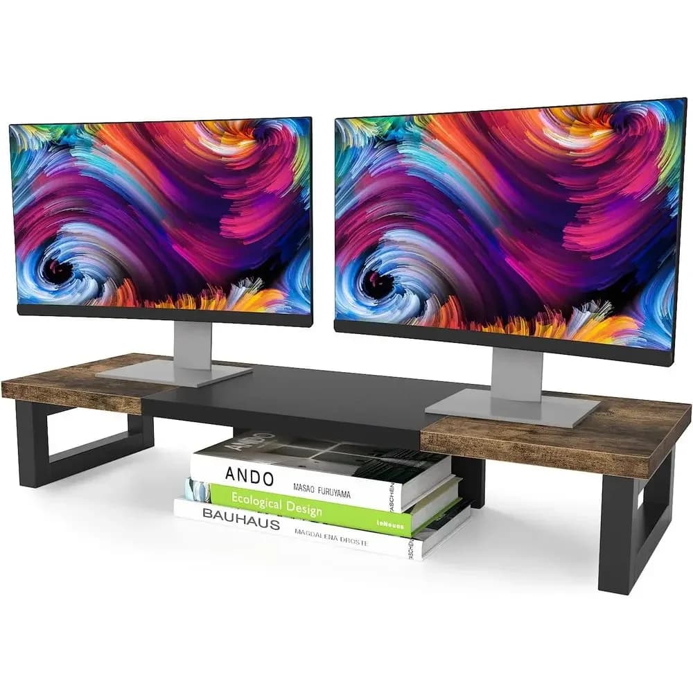 Dual Monitor Stand Riser, Wood and Steel Multi-pose Desktop Storage Stand for 2 Monitors, Laptop, Printer, TV, Rustic Brown