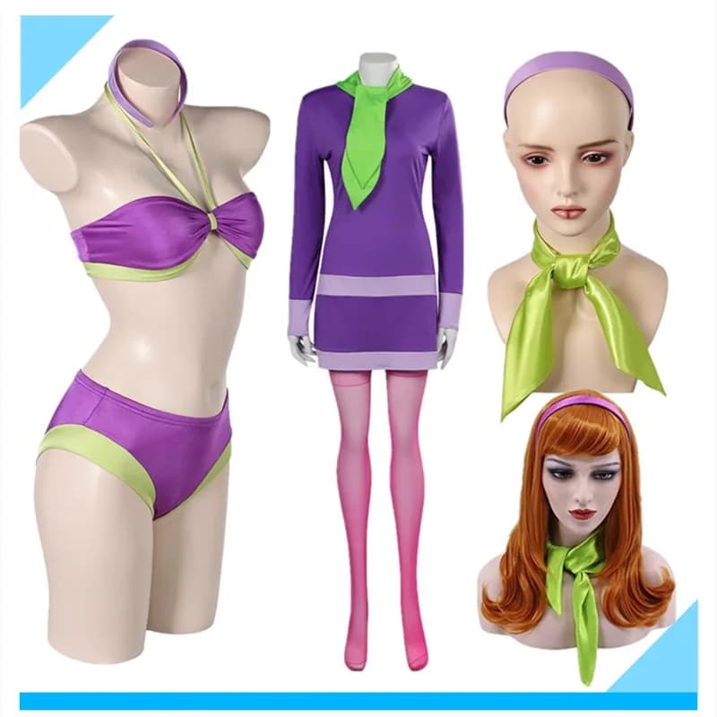 Daphne Blake Costume Cosplay TV Cartoon Woman Swimwear Dresses Socks Wig Halloween Carnival Dresses Party Dresses