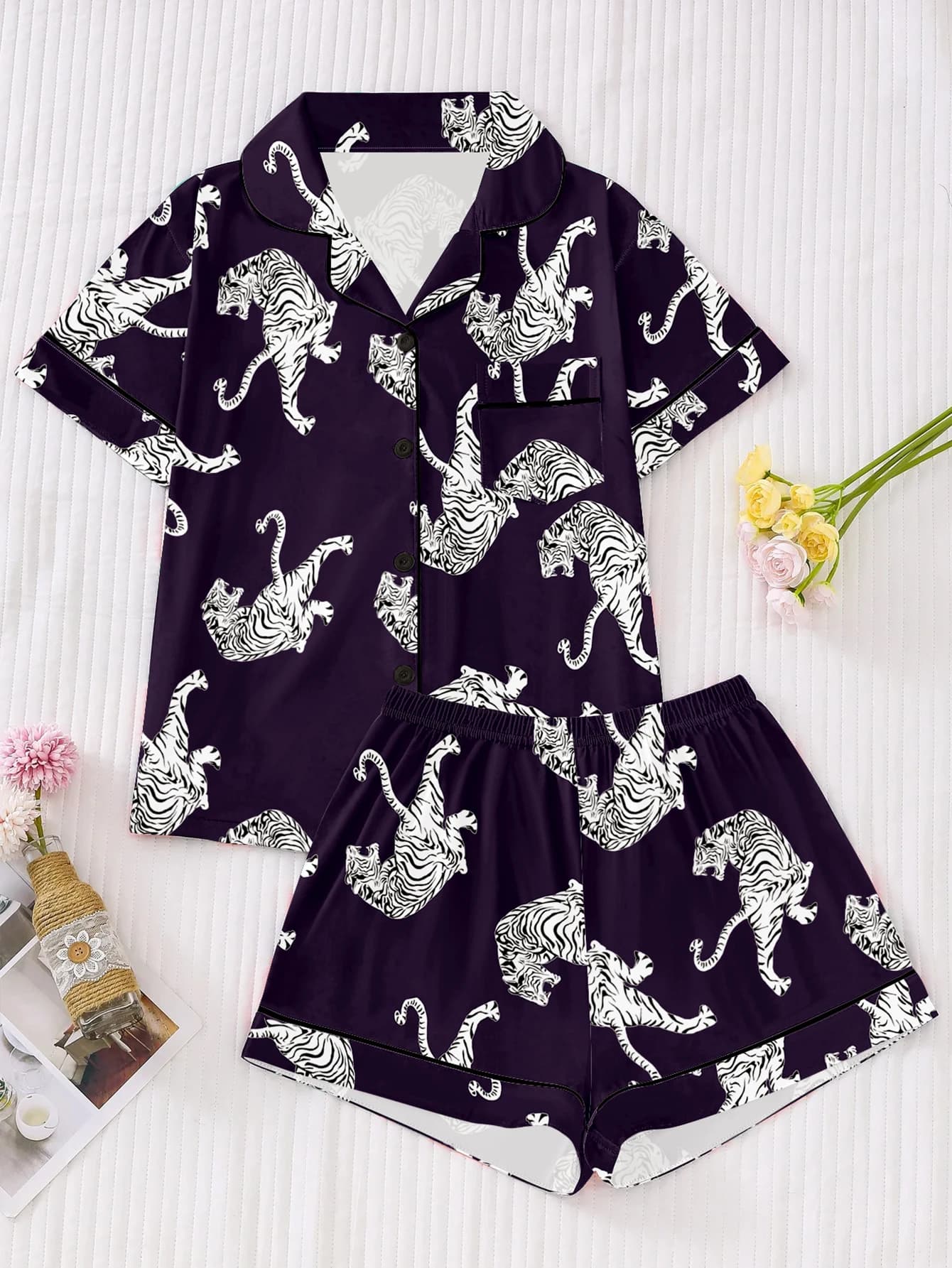 Set da 2 pezzi di pigiama da donna primaverile ed estivo quattro stagioni di taglia standard per donna, stampa animalier casual e alla moda Sh