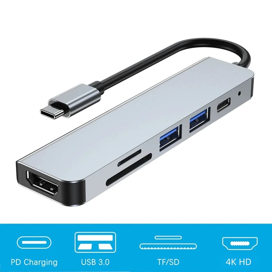 Hub USB C 6 in 1, da USB C a USB 3.0, compatibile con HDTV, lettore di schede SD/TF, stazione di ricarica rapida PD per MacBook, iPad, Samsung