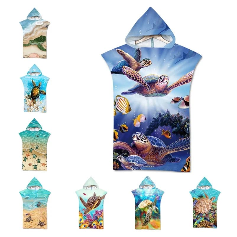 Microfiber Turtle Marina Print Bathrobe Changing Bathroom Towel Beach Towel with Hood for Outdoor Poncho Women Swimming Diving Bathrobe Mantle