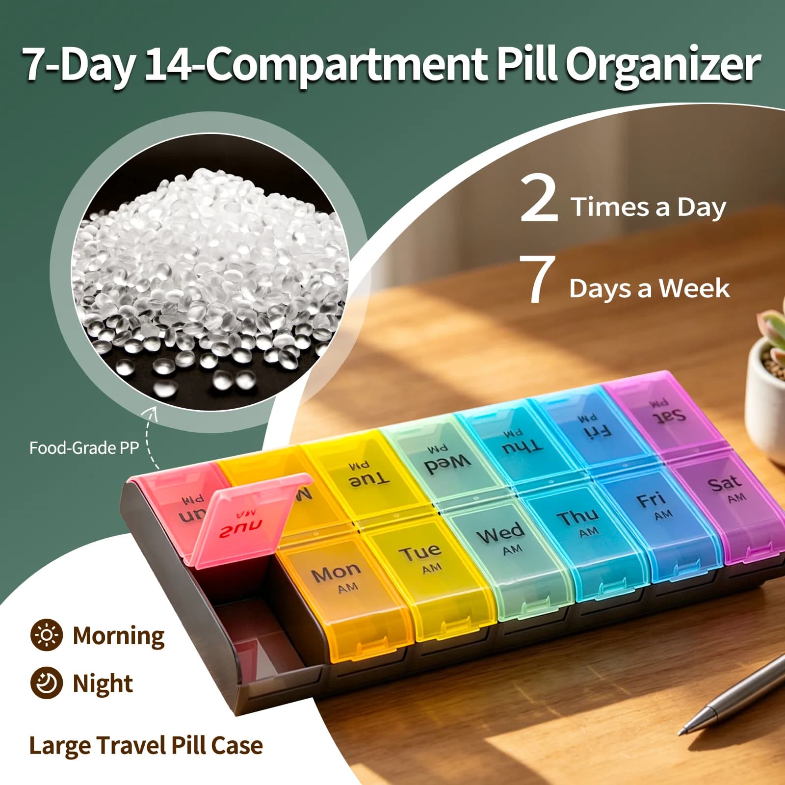 7-Day Pill Organizer 2 Times Daily 14-Compartment Portable Travel Weekly Pill Case for Vitamins Medication Storage Container