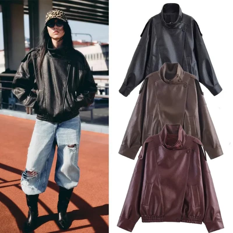 Women 2026 Spring Autumn New Hot Selling Faux Leather Long Sleeve Stand Collar Jacket Coat Vintage Loose PU Trendy Chic Daily