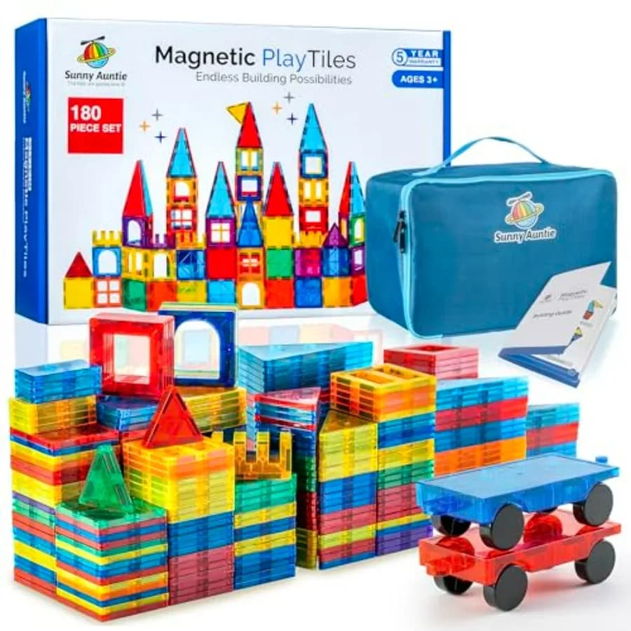 Set di Piastrelle Magnetiche XL da 180 Pezzi per Bambini 3-8 Anni, Grande Gioco di Costruzione in Diversi Colori, Regalo Educativo STEM con Borsa con Cerniera