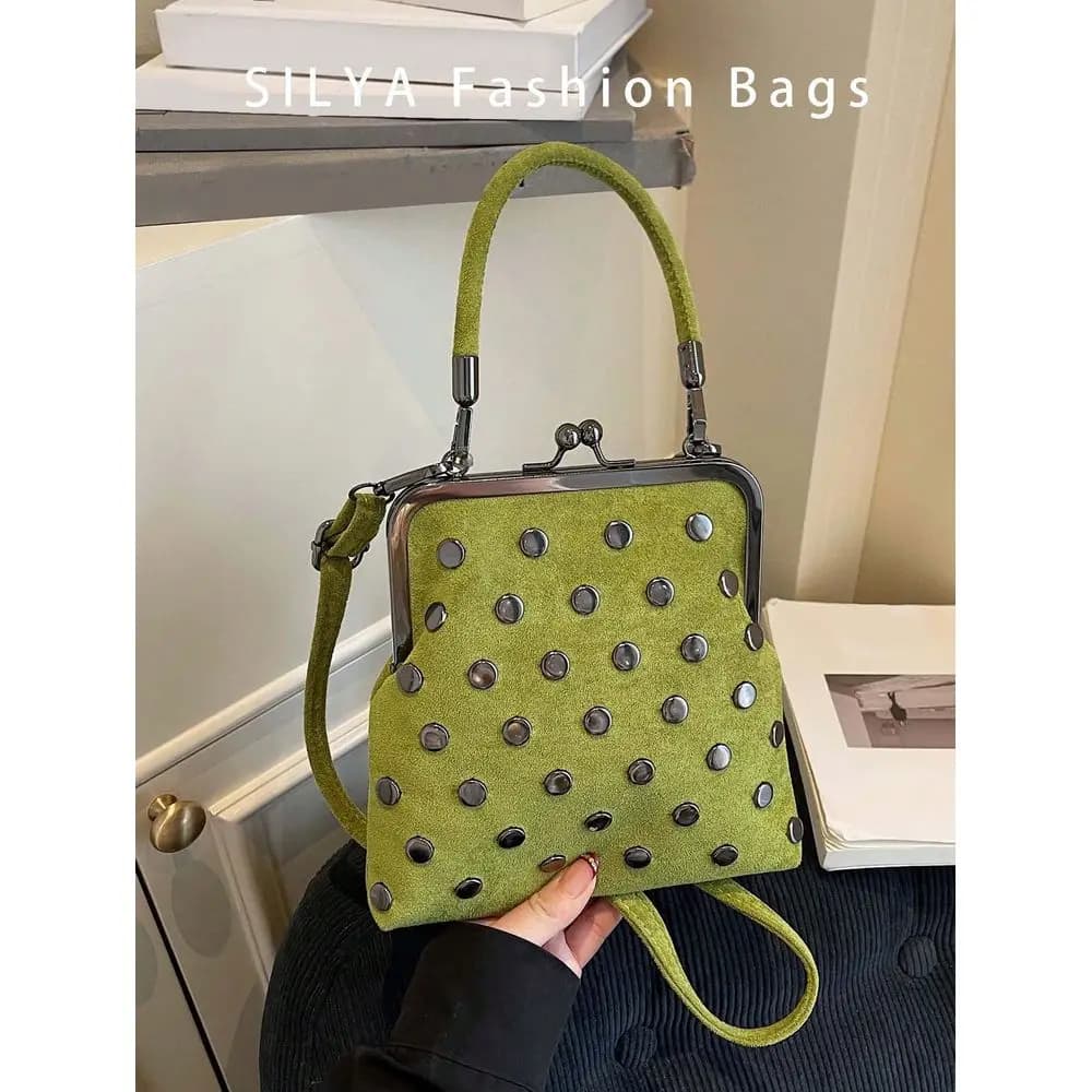 Autumn Winter New Retro Suede Handbag, Detachable Womens Shoulder Bag With Wallet, Minimalist Rivet Decor Green Crossbody Bag