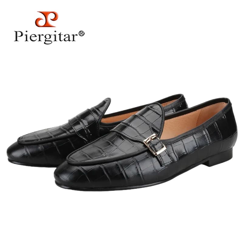 Piergitar 2025 Mocassini slip-on in pelle di coccodrillo nera con fibbia dorata Pantofole da fumo da uomo fatte a mano in stile classico britannico