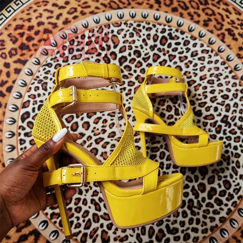 Mesh Buckle Strap Stiletto Platform Sandals,Hollow Fishnet Mesh High Heels Sandals,Open Toe Cutout Strappy T-Strap Dress Pumps